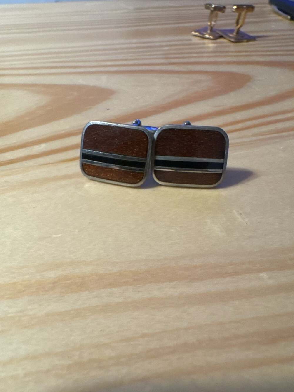 Vintage Germany Inlay Silver Tone Square Cufflinks Brown Black